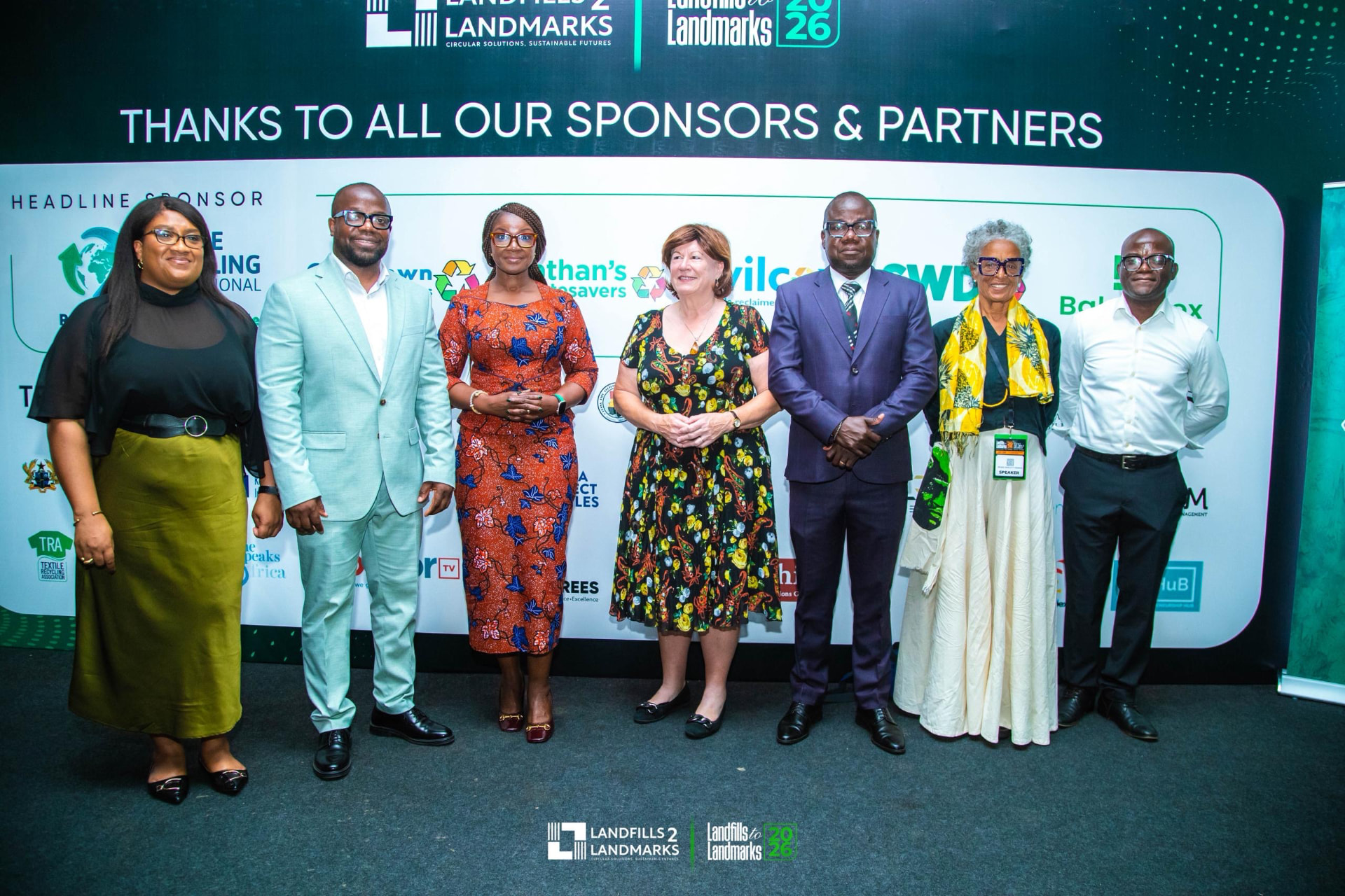 Sponsors and partners of the Landfills2Landmarks 2026 Summit on stage in Accra.