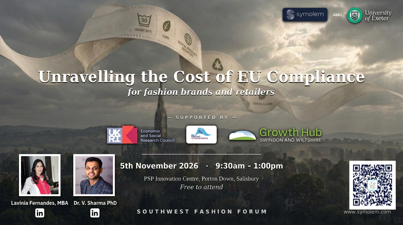 Southwest Fashion Forum invitation with portraits of Lavinia Fernandes, MBA and Dr. V. Sharma PhD: Unravelling the Cost of EU Compliance for fashion brands and retailers, 5 November 2026, 9:30am–1:00pm, PSP Innovation Centre, Porton Down, Salisbury. Free to attend. QR code links to the official Forum page.