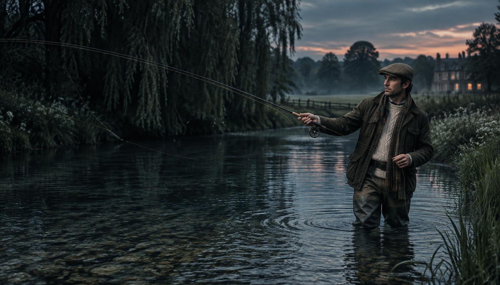 Angler in a waxed jacket and flat cap fly fishing in a Hampshire chalk stream at dusk