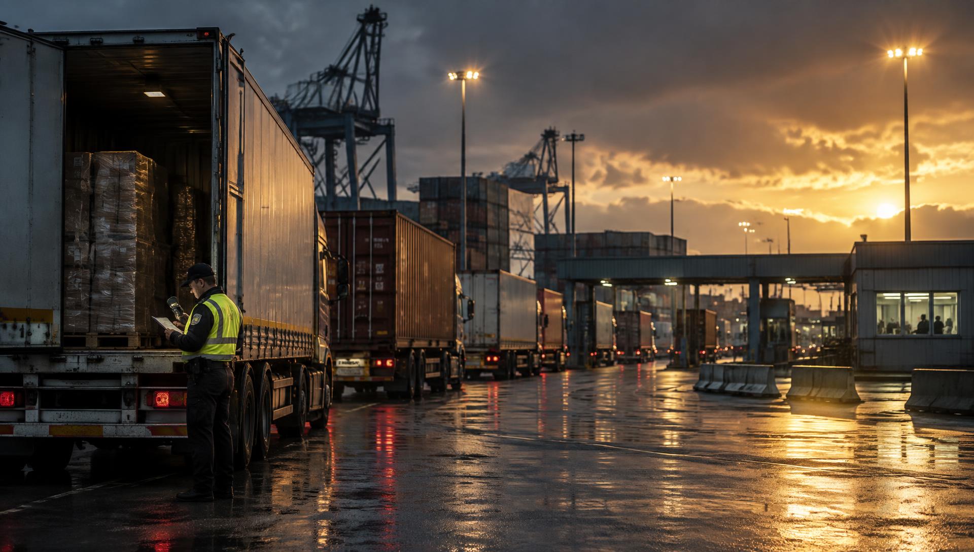 Customs officer checking paperwork beside an open trailer at a border crossing, with container trucks queued under floodlights at dusk