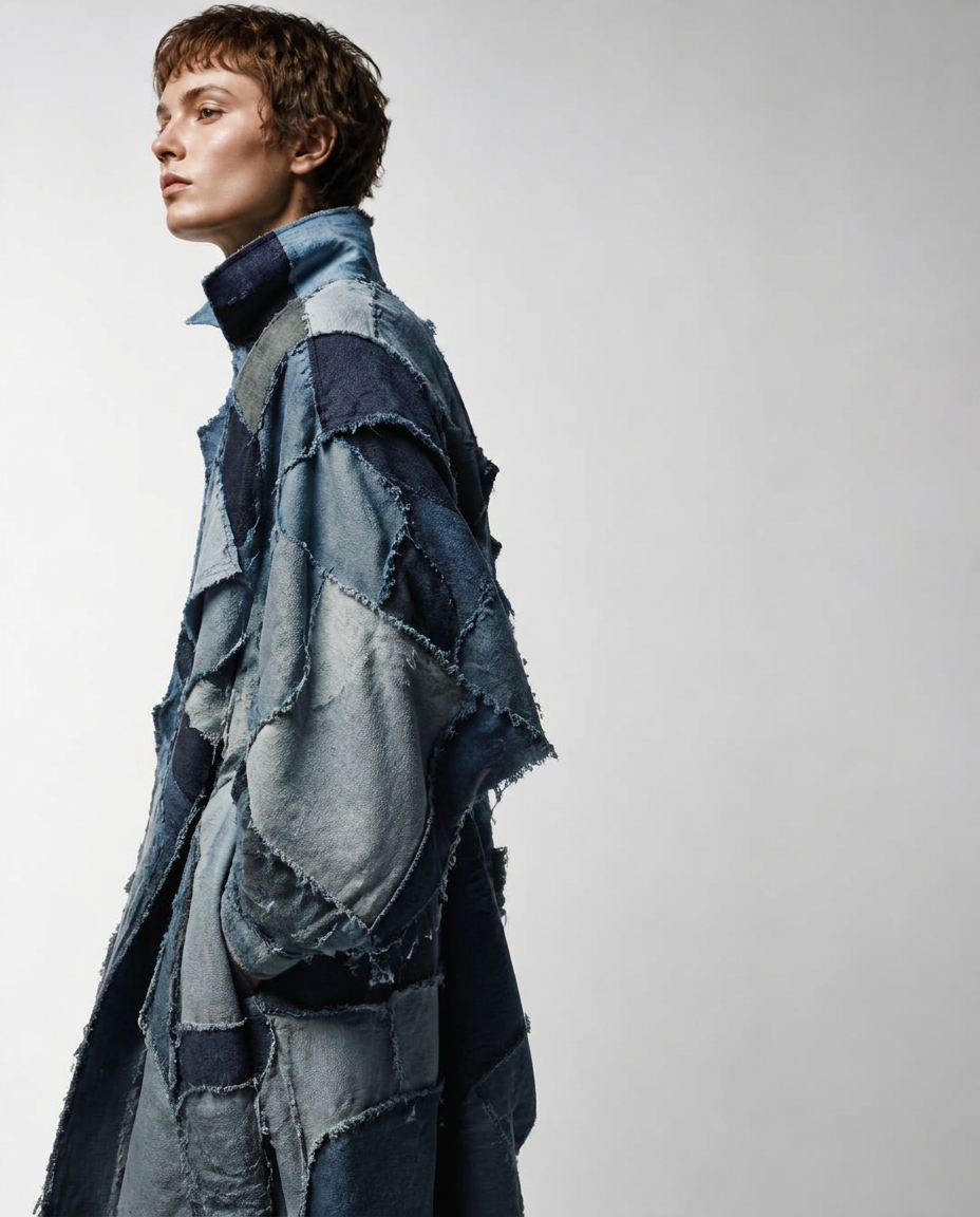 Model in an oversized patchwork denim coat made from panels of reclaimed indigo cloth, against a pale grey studio backdrop