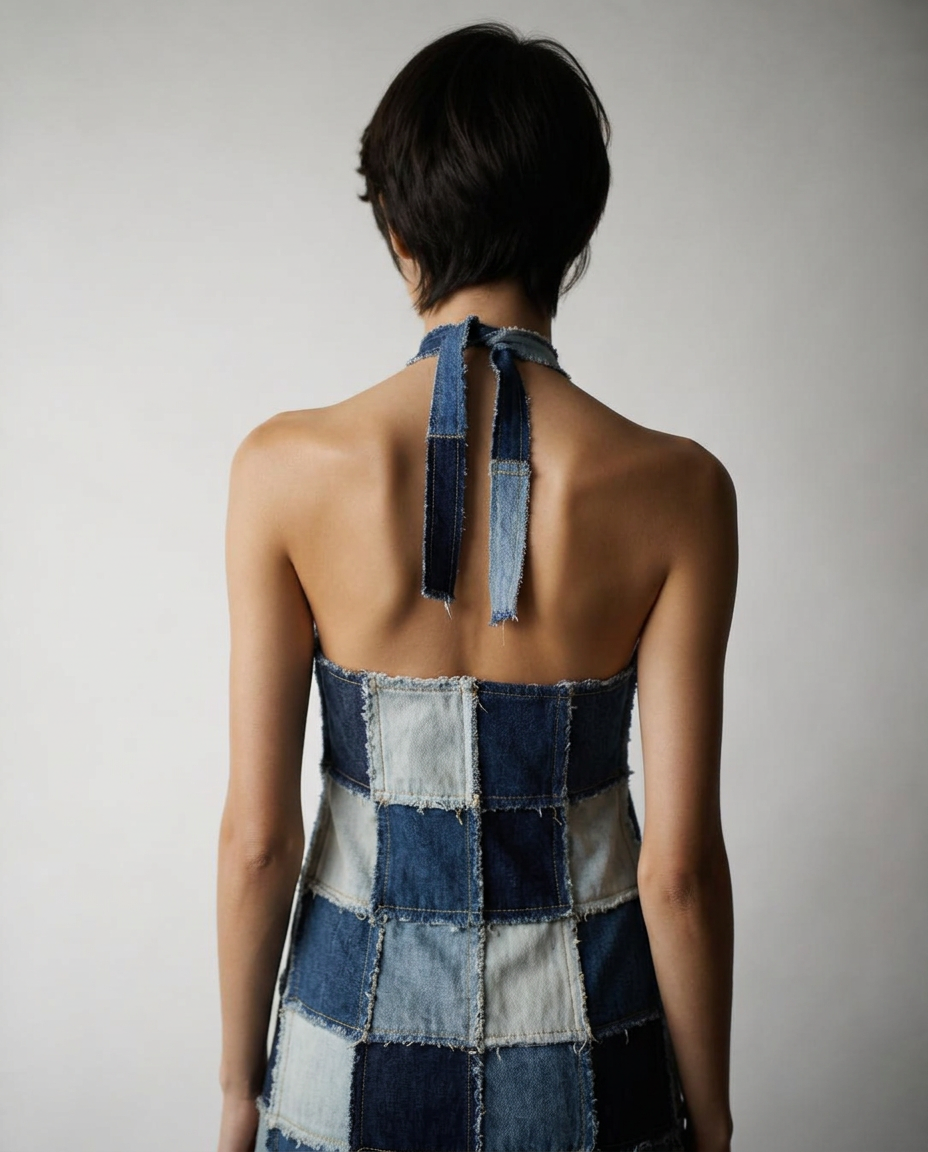 Back view of a model in a halterneck dress pieced from squares of reclaimed denim in varied indigo washes