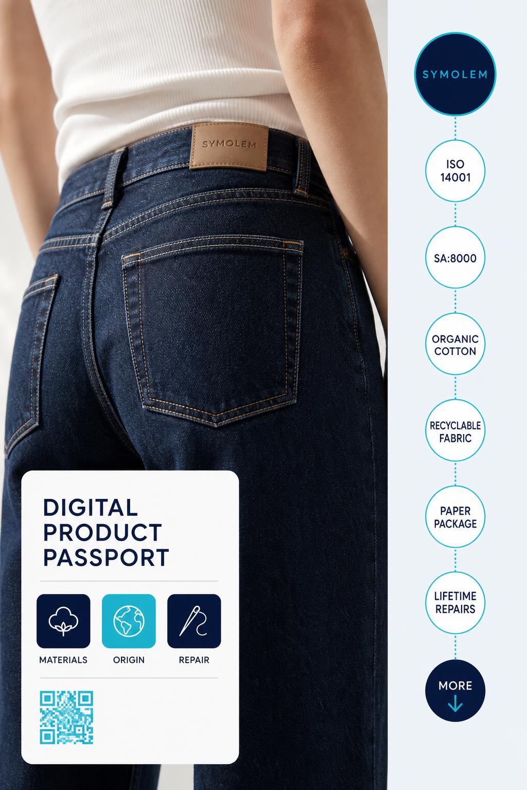 A pair of denim jeans with its Digital Product Passport: certification badges for ISO 14001, SA:8000, organic cotton, recyclable fabric, paper packaging and lifetime repairs, plus a scannable QR code.