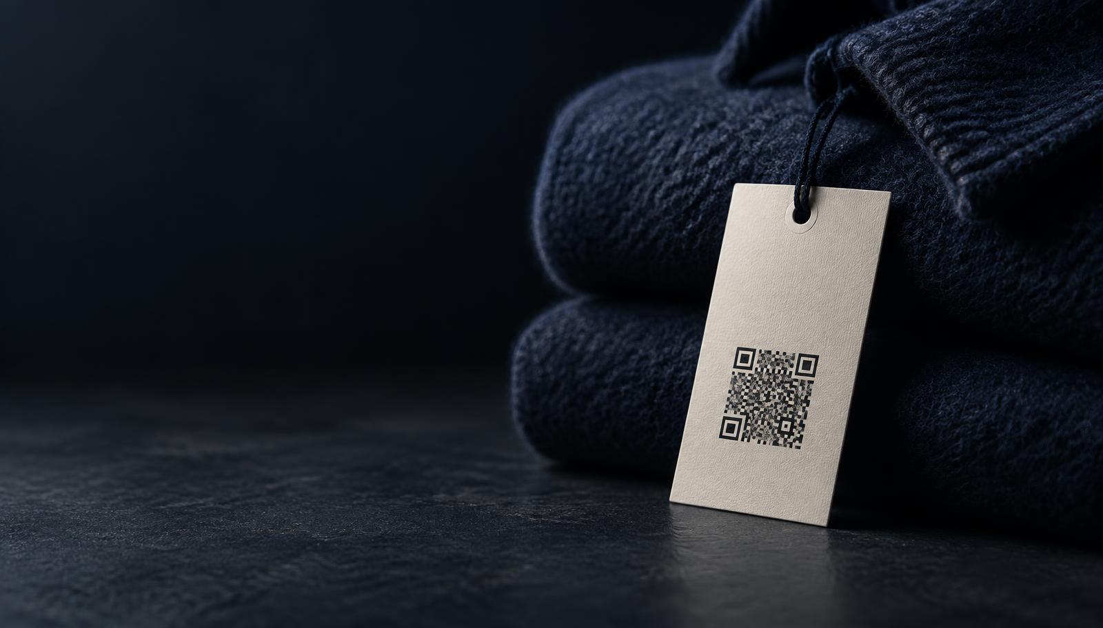 Unbranded swing tag with a QR code on a folded knitted garment