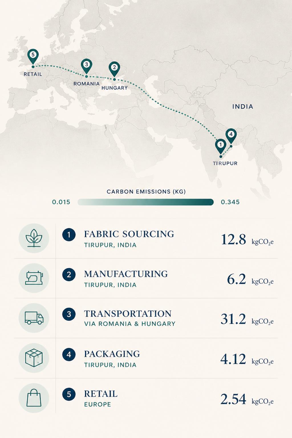 Digital Product Passport journey view showing each stage of the supply chain with location and carbon emissions per stage.