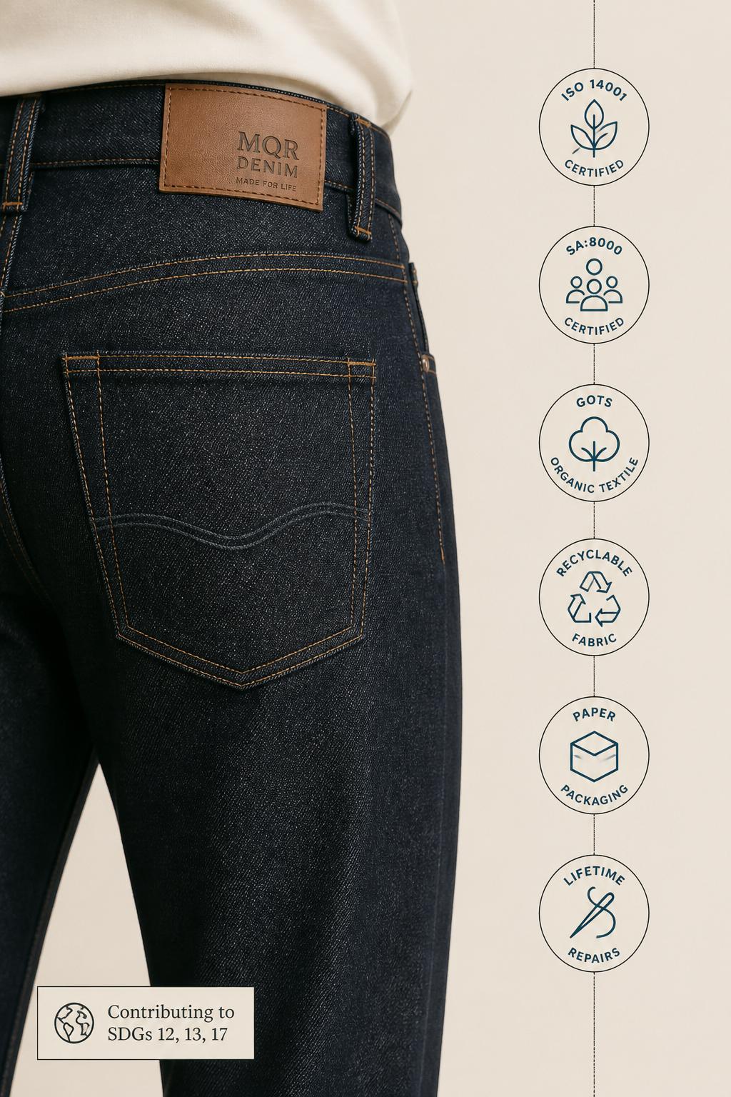 Digital Product Passport product view for a pair of jeans, showing material composition, certifications, care and end-of-life information.