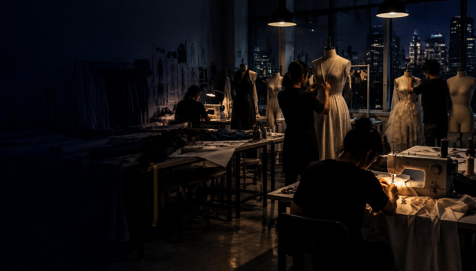 Fashion design students sewing and fitting garments on dress forms in a studio at night
