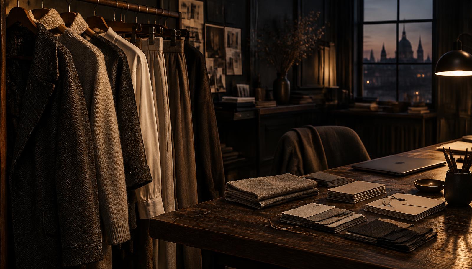 English fashion studio at dusk: a rail of wool and linen garments beside fabric swatches and hangtags on a dark desk