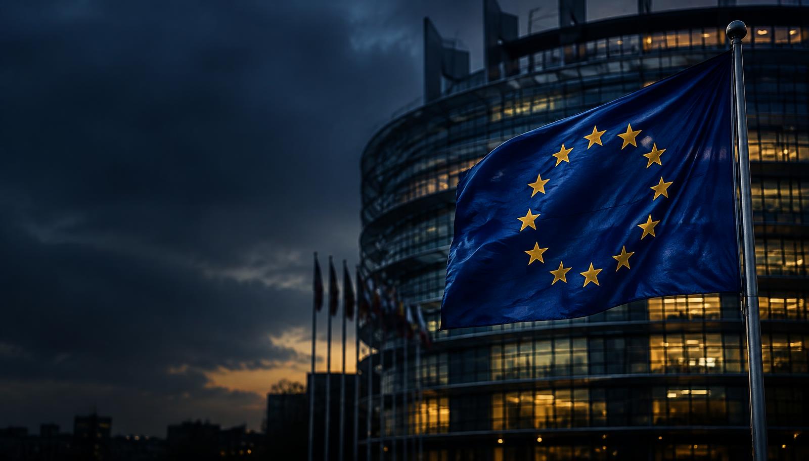 European Union flag flying outside an EU institution at dusk