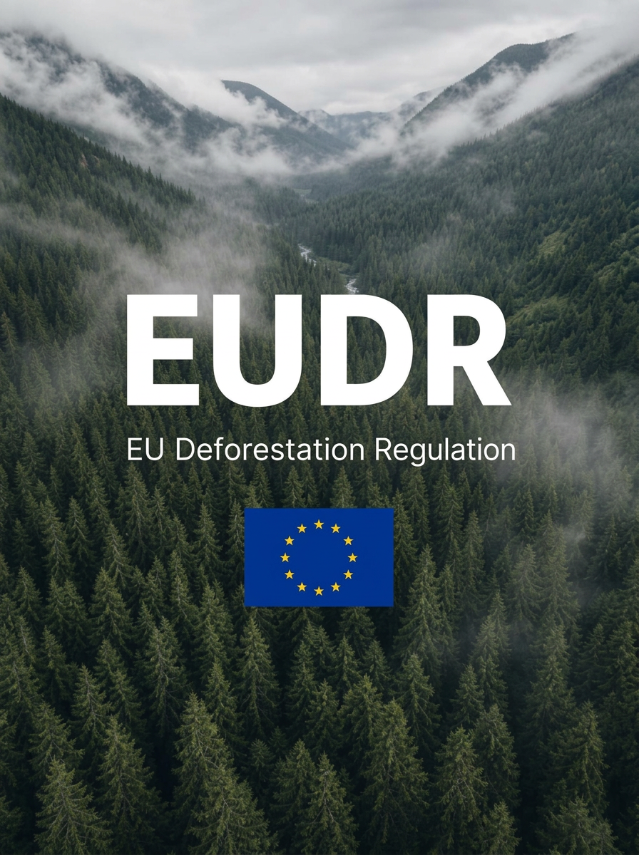Aerial view of a dense conifer forest with the title EUDR, EU Deforestation Regulation