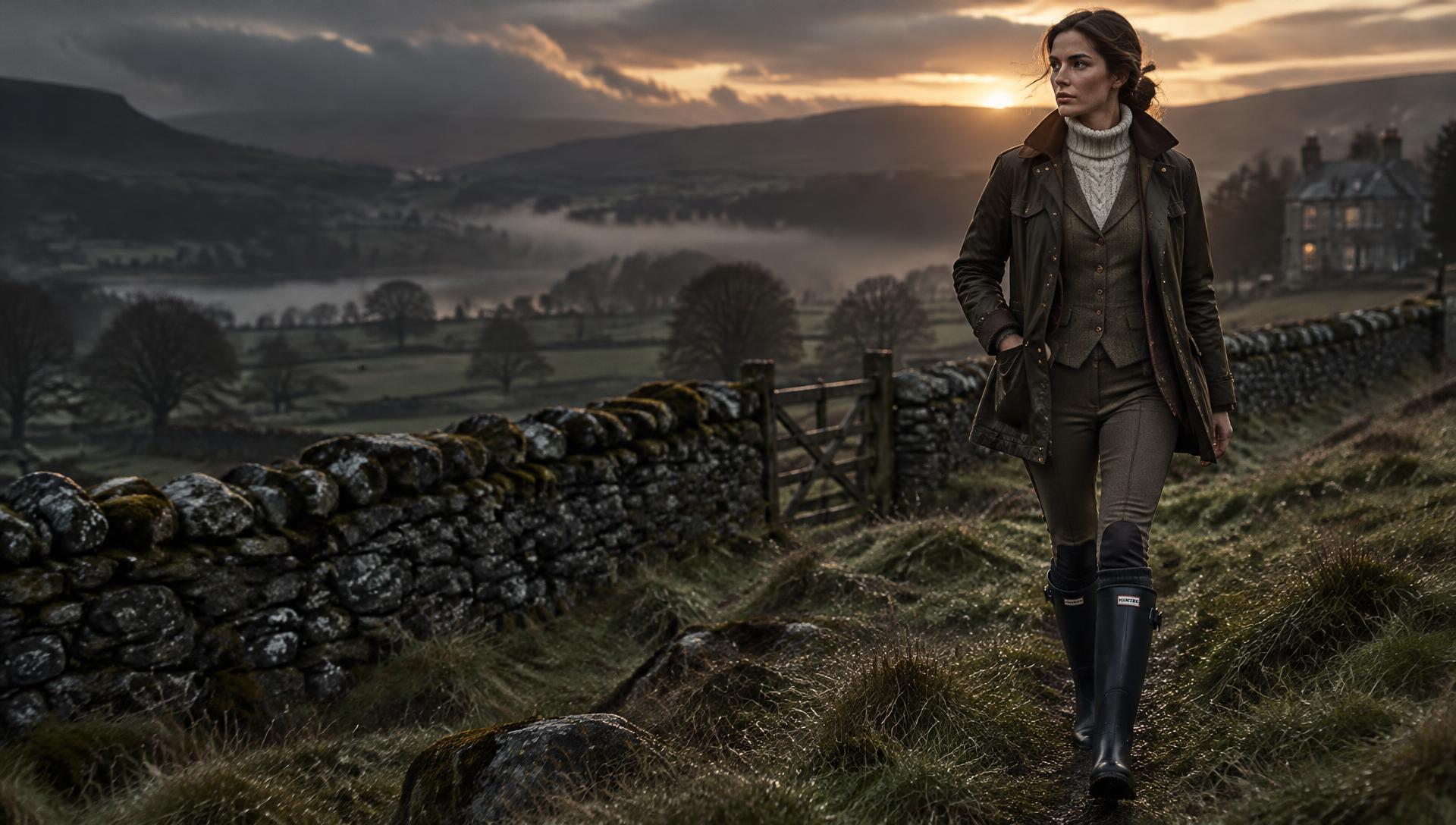 Woman in a waxed field jacket, tweed waistcoat and Wellington boots walking beside a dry-stone wall in the English countryside at dusk