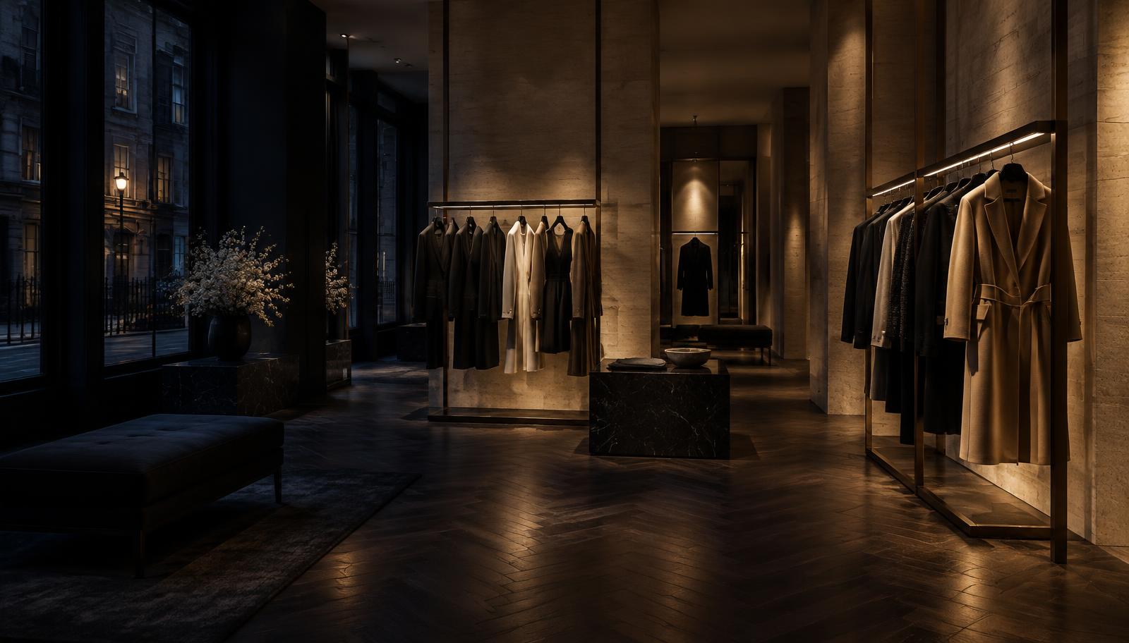 Interior of a London designer fashion store at night with tailored coats on rails
