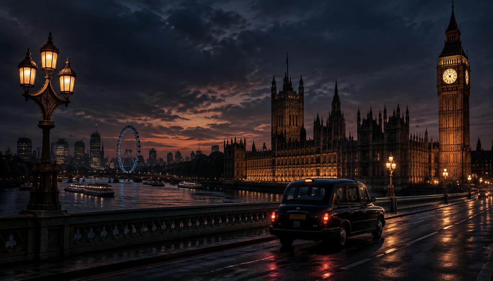 Houses of Parliament and Big Ben at dusk with a London taxi on Westminster Bridge and the London Eye beyond