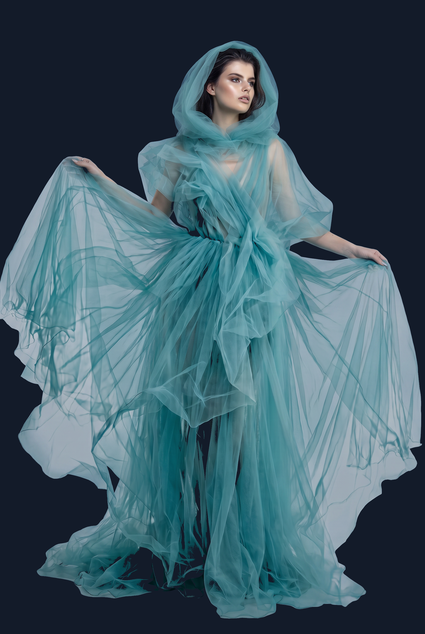 Portrait of a figure wrapped in delicate hand-knitted natural fibre, turned toward the text