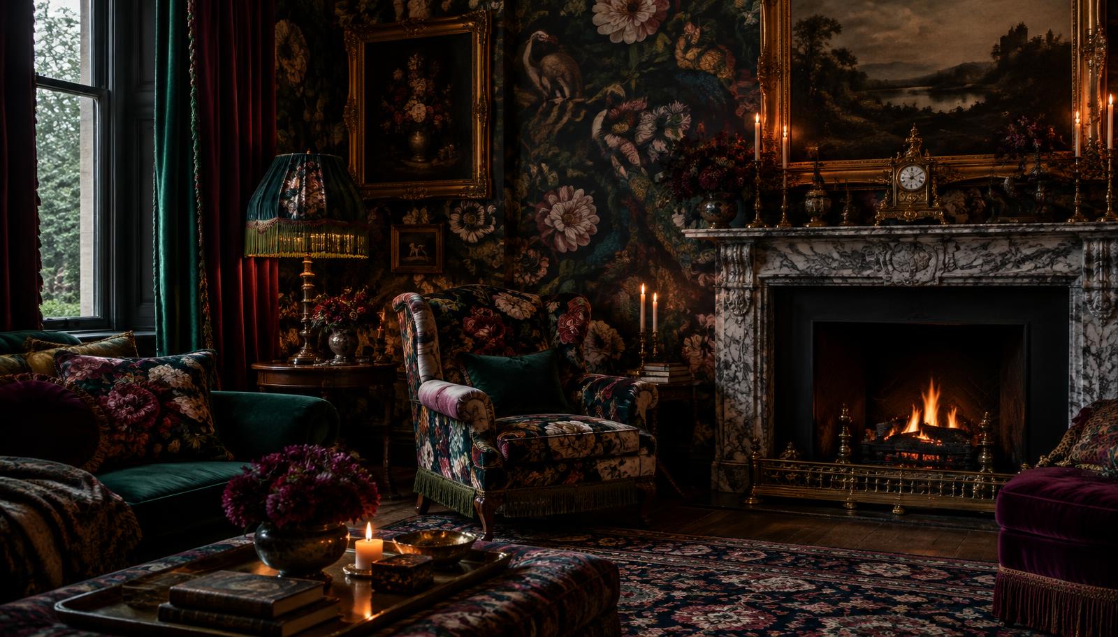 English stately home drawing room with botanical wallpaper, velvet curtains and floral-upholstered furniture