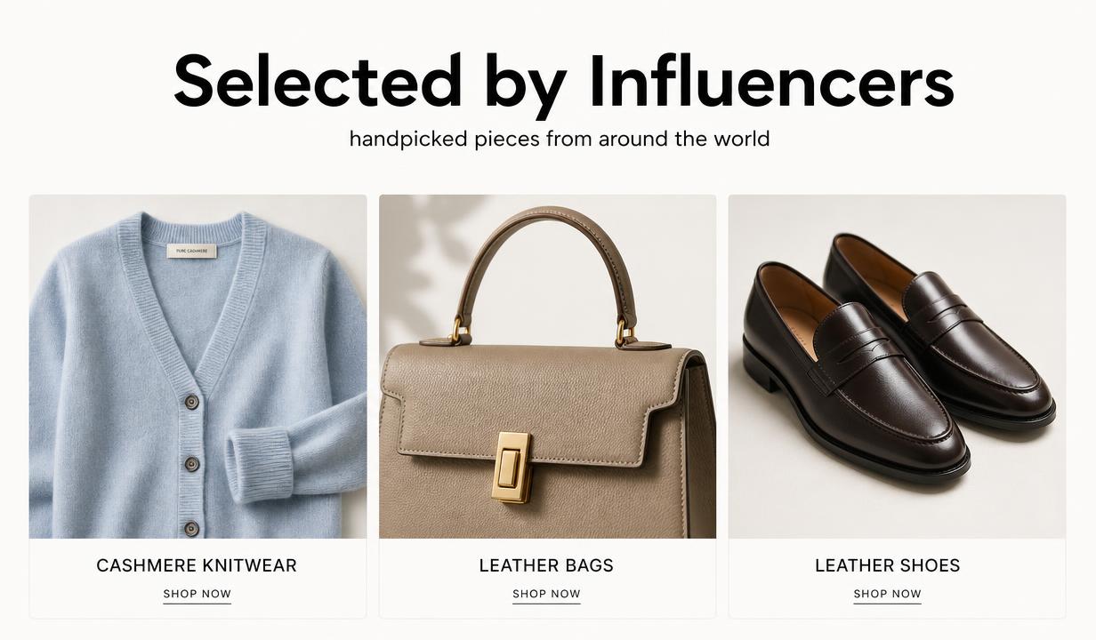 Fictional multi-brand boutique marketplace storefront showing women's, premium and men's product categories