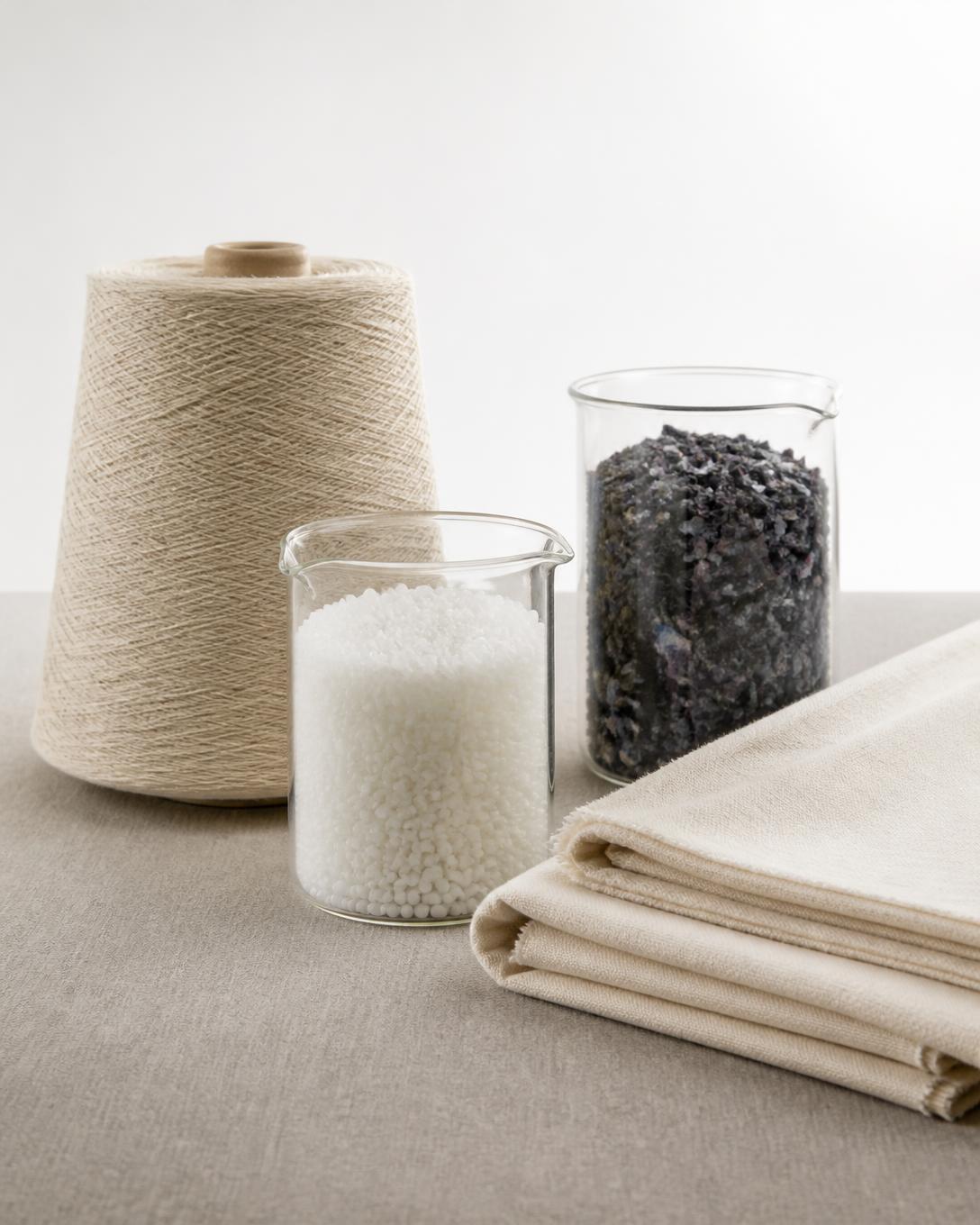 Cone of undyed yarn, beakers of white polymer pellets and shredded textile feedstock beside folded natural cloth