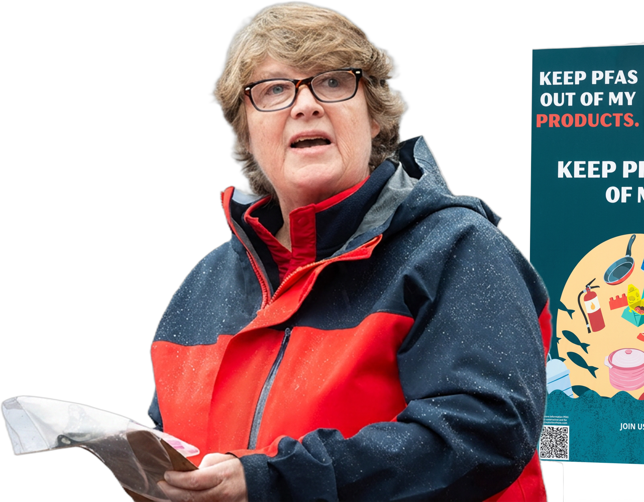 A campaigner speaks beside a placard reading 'Keep PFAS out of my products'