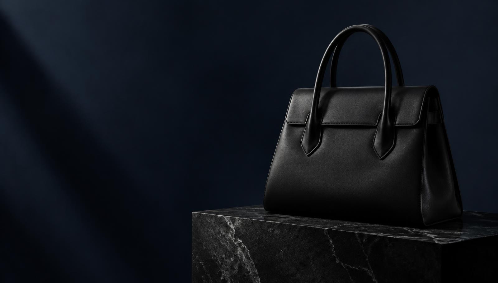 Unbranded black leather handbag on a dark marble plinth