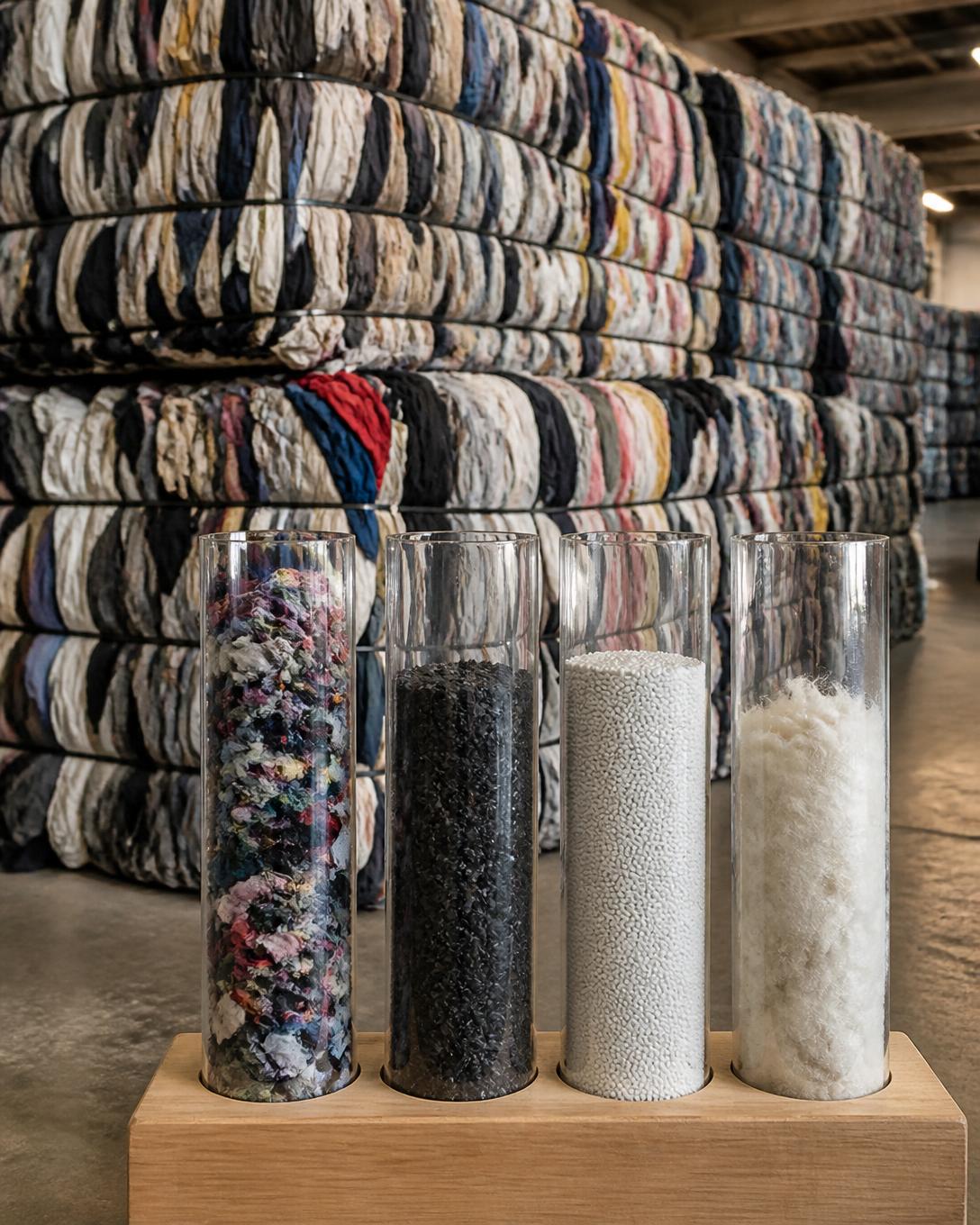 Baled post-consumer textiles stacked in a warehouse behind glass cylinders of shredded cloth, granulate and recovered fibre